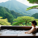 **

A serene individual is relaxing in a traditional Japanese onsen (hot spring), surrounded by lush greenery and mountains. No digital devices are visible. The person appears calm and refreshed. Soft, natural lighting. The scene evokes a sense of tranquility and escape from the digital world. Consider incorporating elements of traditional Japanese art styles.

**