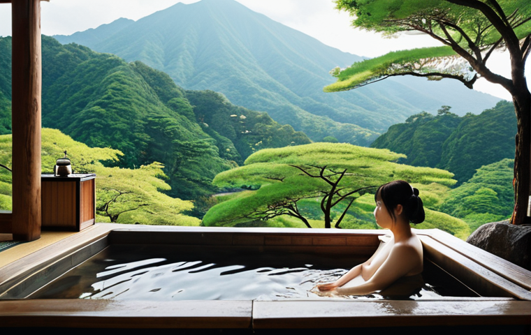 **

A serene individual is relaxing in a traditional Japanese onsen (hot spring), surrounded by lush greenery and mountains. No digital devices are visible. The person appears calm and refreshed. Soft, natural lighting. The scene evokes a sense of tranquility and escape from the digital world. Consider incorporating elements of traditional Japanese art styles.

**