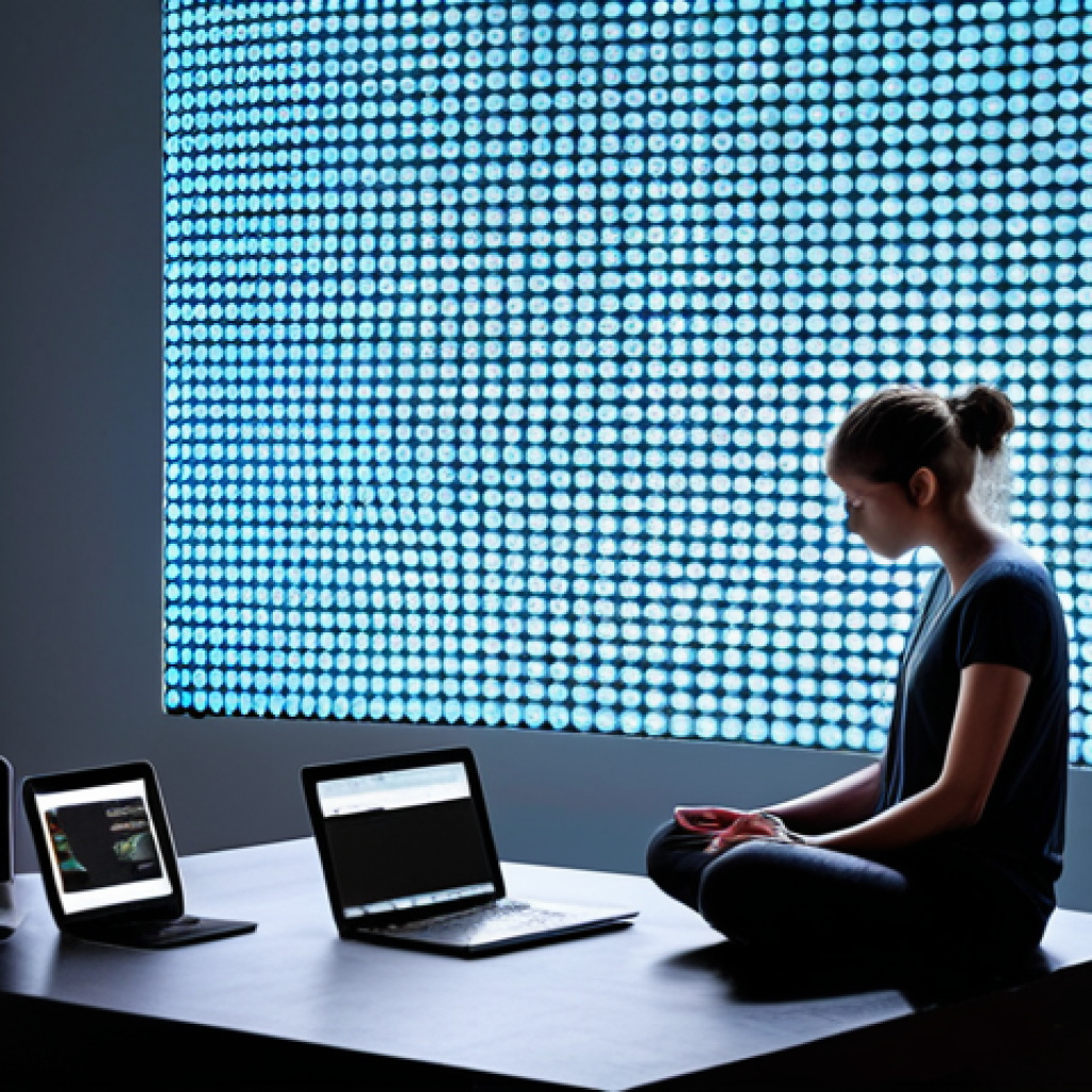 A visually striking juxtaposition. On one side, a modern individual overwhelmed by glowing digital screens (smartphone, laptop) with a torrent of notifications and information visually flowing around them, depicting mental fatigue and information overload. On the other side, the same person is shown in a state of serene digital detox, calmly gazing out a window or meditating in a peaceful, minimalist room, conveying mental clarity and tranquility after stepping away from devices.