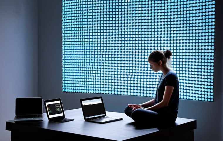 A visually striking juxtaposition. On one side, a modern individual overwhelmed by glowing digital screens (smartphone, laptop) with a torrent of notifications and information visually flowing around them, depicting mental fatigue and information overload. On the other side, the same person is shown in a state of serene digital detox, calmly gazing out a window or meditating in a peaceful, minimalist room, conveying mental clarity and tranquility after stepping away from devices.