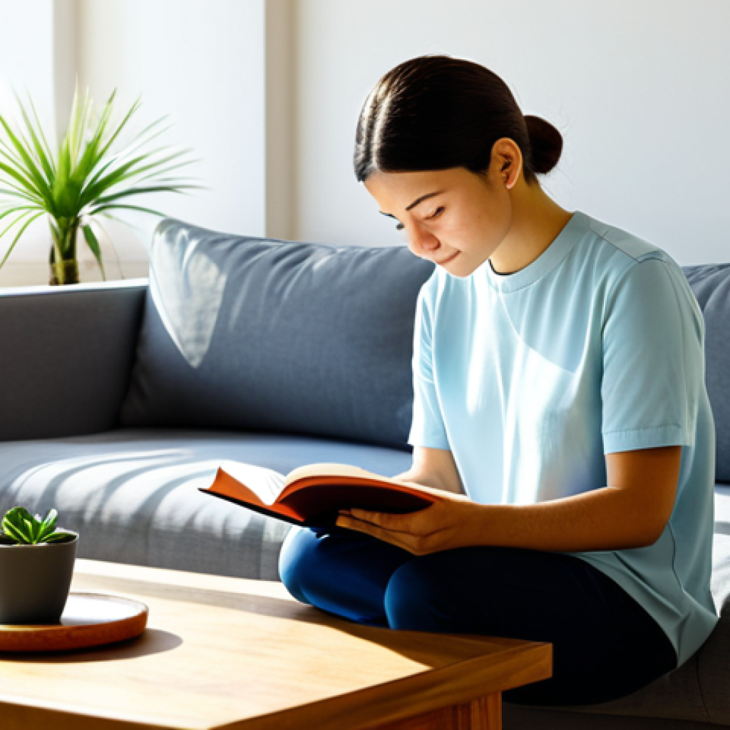 A professional individual, fully clothed in modest, comfortable attire, calmly reading a physical book in a sunlit, peaceful living room. The room features warm natural light, a potted plant on a minimalist wooden table, and no visible digital devices, emphasizing a serene, digital-free environment. The individual is in a natural, relaxed pose with perfect anatomy, correct proportions, well-formed hands, and proper finger count. The image conveys a sense of tranquility, focus, and mindfulness. safe for work, appropriate content, professional, family-friendly, high quality professional photography, ultra-realistic.