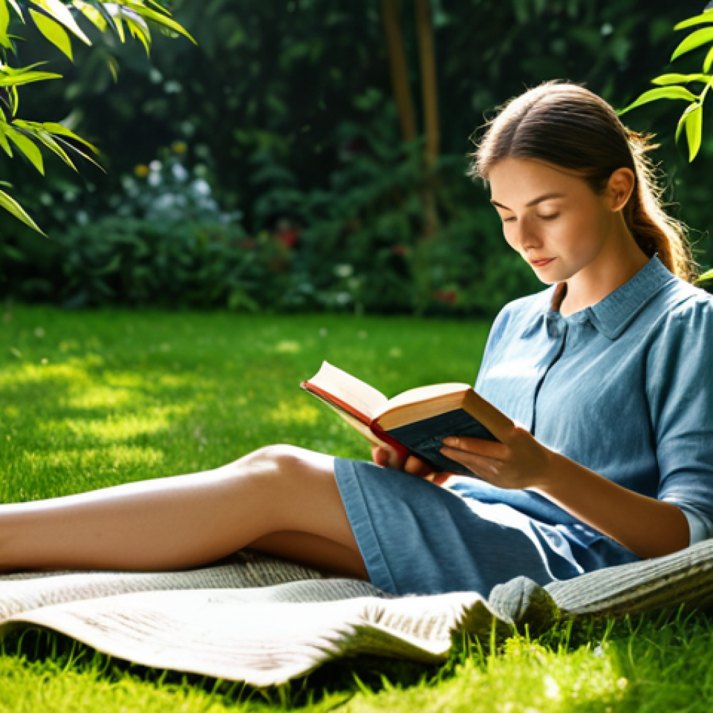 Peaceful Digital Detox**
Prompt: A serene woman in a cozy, fully clothed outfit, reading a book in a sunlit garden, surrounded by lush greenery, a gentle breeze rustling through the leaves, no digital devices visible, safe for work, appropriate content, perfect anatomy, natural pose, professional, modest, family-friendly, high resolution.
**
