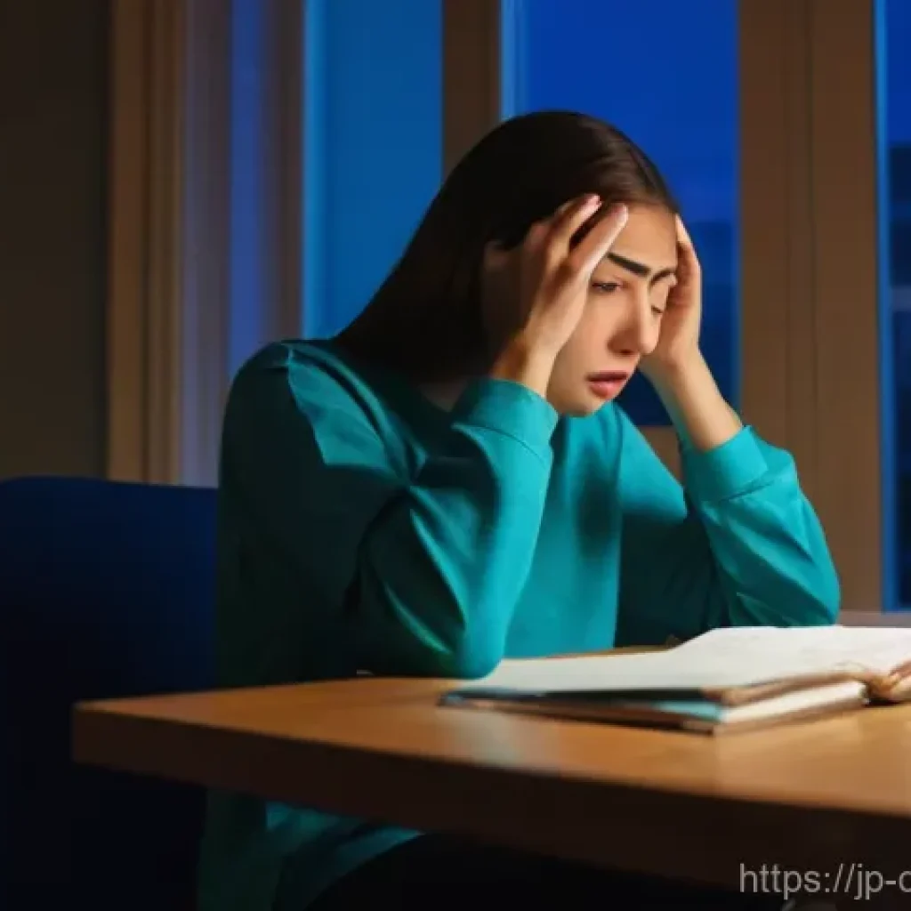 디지털디톡스와 신경계 회복 - A young woman in her late 20s, with a heavy, pained expression, sitting at a desk late at night. Her...