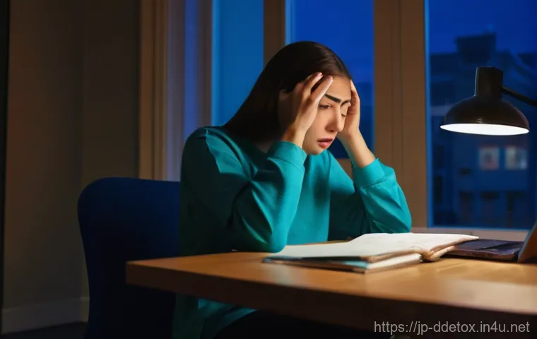 디지털디톡스와 신경계 회복 - A young woman in her late 20s, with a heavy, pained expression, sitting at a desk late at night. Her...