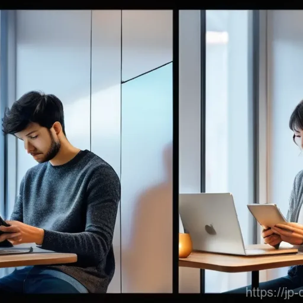 디지털디톡스와 감정 조절 훈련 - A visually striking split image depicting the journey from digital overwhelm to peaceful digital det...