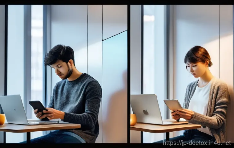 디지털디톡스와 감정 조절 훈련 - A visually striking split image depicting the journey from digital overwhelm to peaceful digital det...