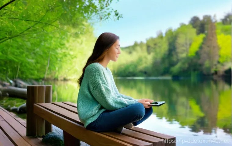 디지털디톡스와 가상 현실의 영향 - **Digital Detox in Nature's Embrace:**
    "A serene, cinematic photograph of a young woman (20s-30s...