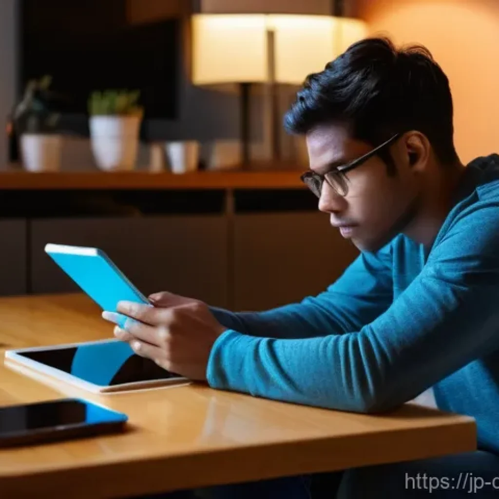 디지털디톡스와 마음 챙김 훈련 - **"A young adult, approximately 28 years old, sitting hunched over a coffee table in a modern, sligh...