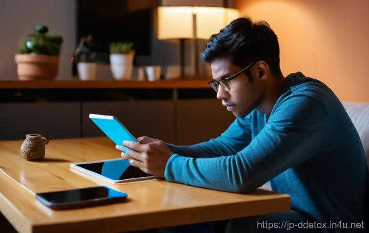디지털디톡스와 마음 챙김 훈련 - **"A young adult, approximately 28 years old, sitting hunched over a coffee table in a modern, sligh...