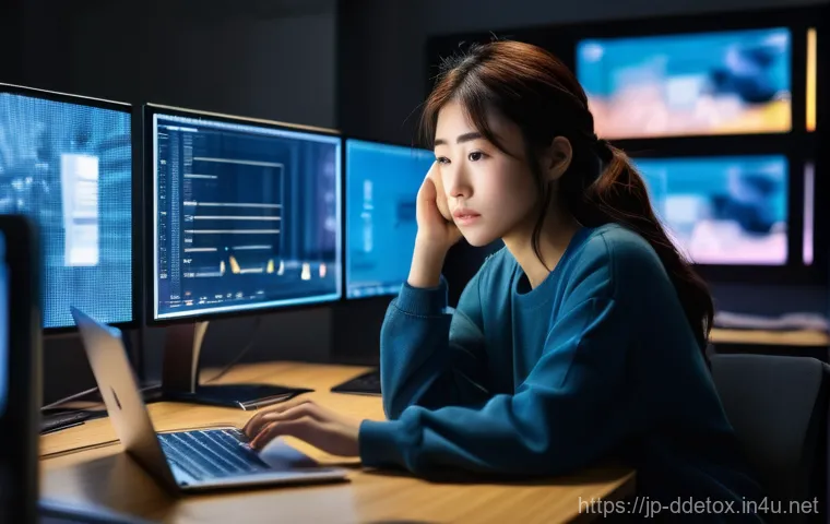 디지털디톡스와 업무 효율성 향상 - **Overwhelmed by Digital Information**
    A young adult Japanese woman in her late 20s, with a slig...