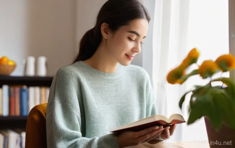 디지털디톡스와 스마트폰 의존 탈피 - **Prompt:** A young woman, in her late 20s, is enjoying a peaceful morning in a sunlit, cozy living ...