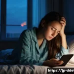 디지털디톡스와 인터넷 중독 - **Prompt:** A young woman, appearing exhausted and overwhelmed, sits hunched over in a dimly lit bed...