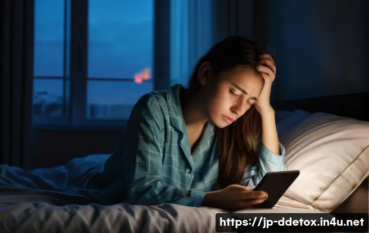디지털디톡스와 인터넷 중독 - **Prompt:** A young woman, appearing exhausted and overwhelmed, sits hunched over in a dimly lit bed...